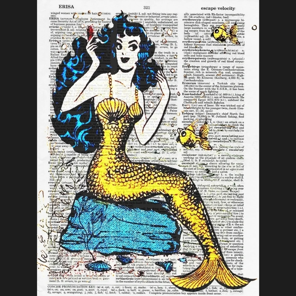 Retro Vintage Mermaid Nautical Ocean Dictionary Art Print